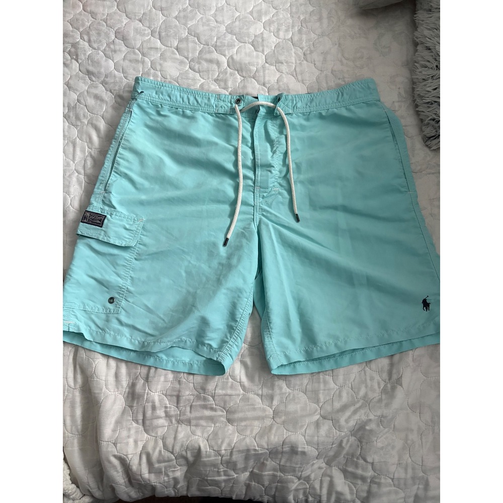 Polo Ralph Lauren Mens Aqua‎ Blue Swim Trunks Cargo Pocket Mesh Lined Size Large